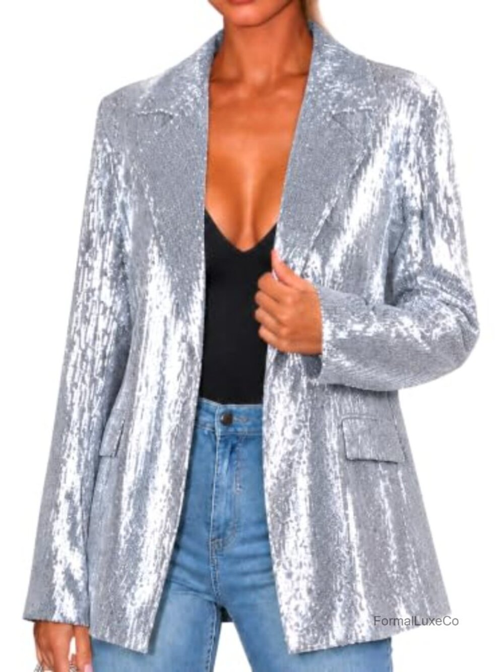 Sequin Blazer Sparkly Open Front Jacket Glitter Long Sleeve Tuxedo with Belt